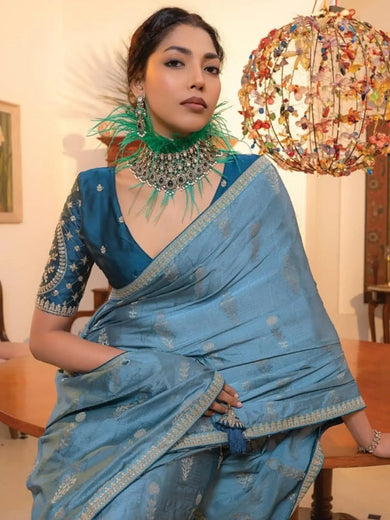 Precious Dusty Blue Zari Weaving Satin Sangeet Wear Saree With Blouse